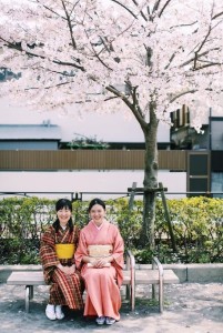 Yasuno (pictured on the left) enjoying the cherry blossom season.