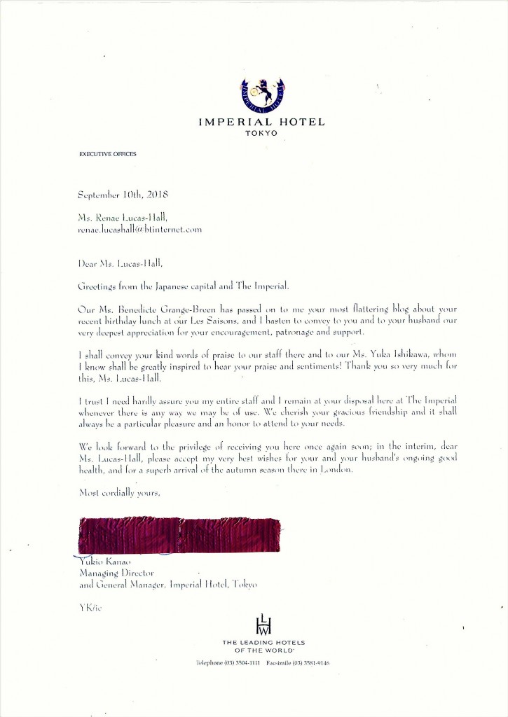 Letter from Imperial Hotel, General Manager