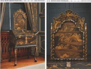 4. page 80, FIG. 53 Tabletop bureau surmounted by a dressing mirror frame, one of a pair, probably made in Guangzhou, China, and lacquered in Japan, c.1730–50, on a later stand, 174 x 80.5 x 50 cm © National Trust Images/Leah Band 