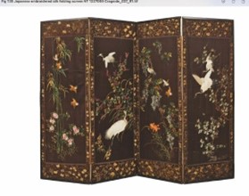 8. pages 196 & 197, FIG. 139 Silk folding screen embroidered with birds and flowers against a black ground, possibly by the Chisō company, Kyoto, Japan, late nineteenth or early twentieth century, 170 x 244 cm © National Trust Images/Leah Band 
